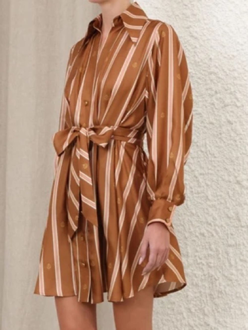Striped Tie-Waist Mini Dress in Camel